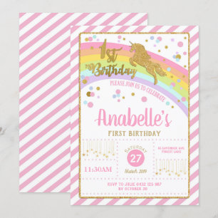 Glitzer Gold Unicorn 1. Geburtstag Einladung Girl