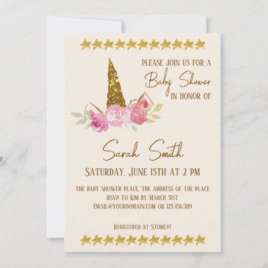 Glitzer Gold Unicorn Rose Girl Baby Dusche Einladung (Vorderseite)