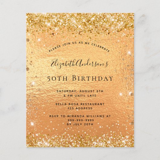 Glitzer-Goldeinladung zum Geburtstag (Vorderseite)