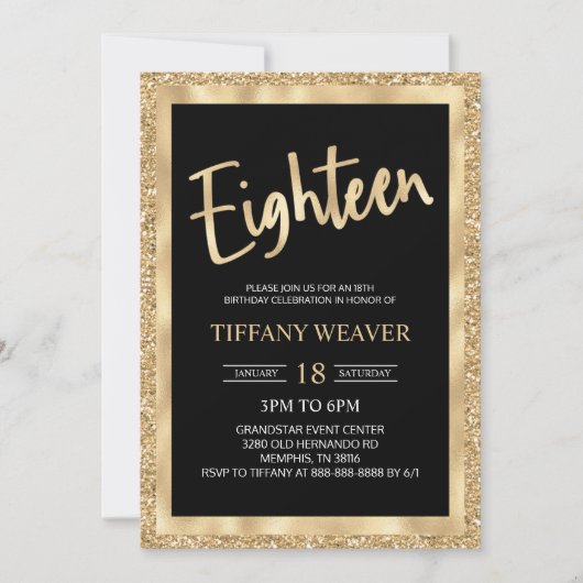 Glitzer Goldfoil 18. Geburtstag Einladung (Vorderseite)