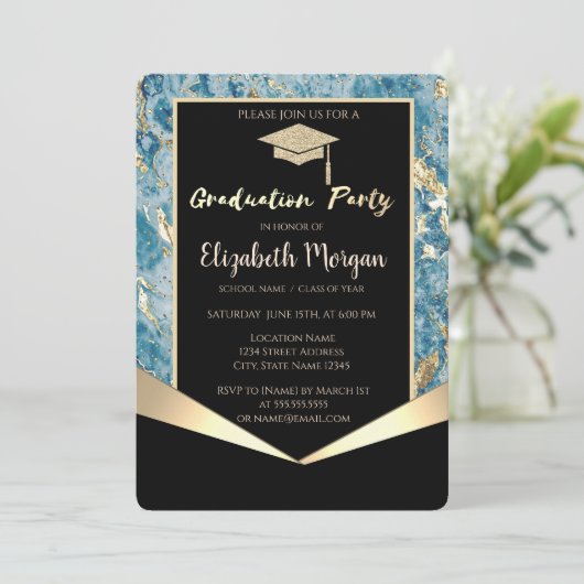 Glitzer Grad Cap, Confetti Blue Marble Abschluss Einladung (Stehend Vorderseite)