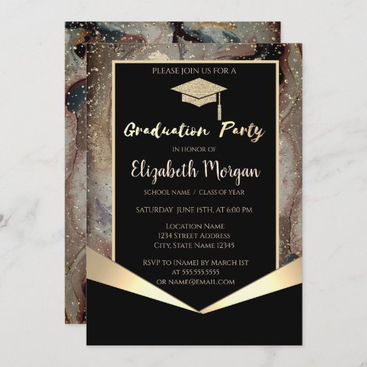 Glitzer Grad Cap, Confetti Brown Marmor Abschluss Einladung (Vorne/Hinten)