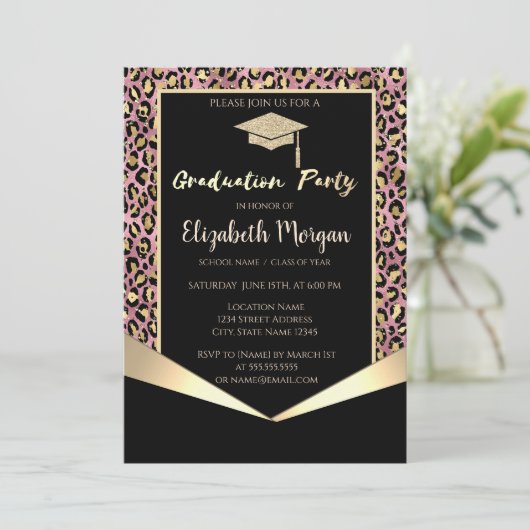 Glitzer Grad Cap, Confetti Leopard Abschluss Einladung (Stehend Vorderseite)