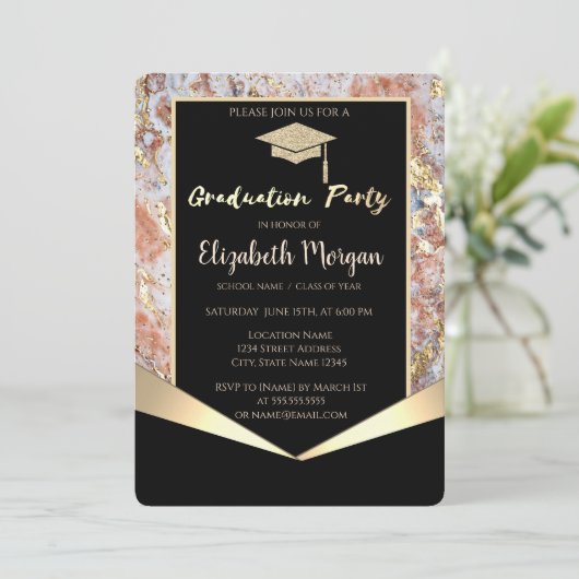 Glitzer Grad Cap, Confetti Ombre Marble Abschluss Einladung (Stehend Vorderseite)