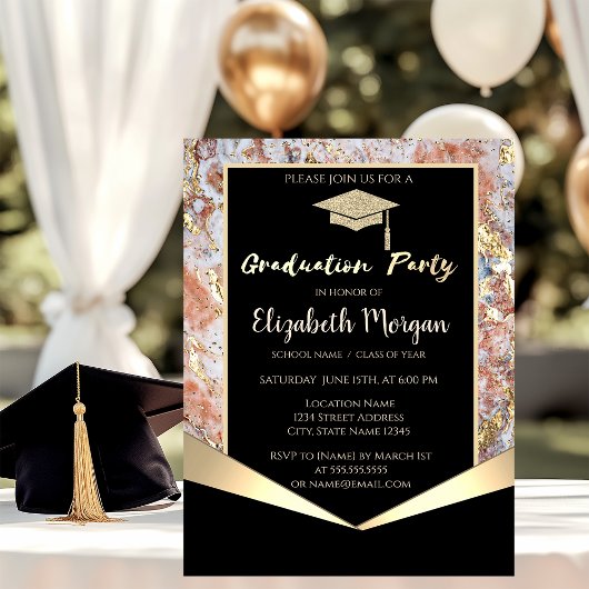 Glitzer Grad Cap, Confetti Ombre Marble Abschluss Einladung