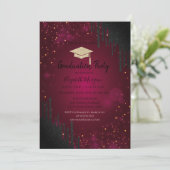 Glitzer Grad Cap, Confetti Schwarze Tropfen Rot Einladung (Stehend Vorderseite)