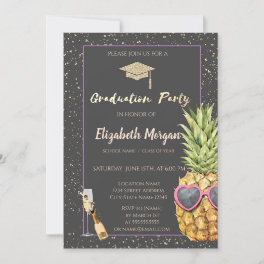 Glitzer Grad Cap, Confetti, Wein, Coole Ananas Einladung (Vorderseite)