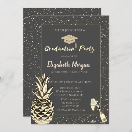 Glitzer Grad Cap, Confetti, Wein, Metallische Anan Einladung (Vorne/Hinten)