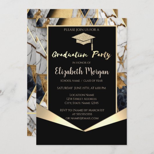 Glitzer Grad Cap, geometrischer Marmormor Abschlus Einladung (Vorne/Hinten)