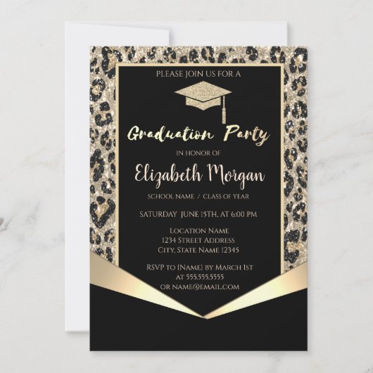 Glitzer Grad Cap, Glitzer Leopard Abschluss Einladung (Vorderseite)
