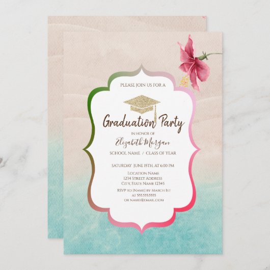 Glitzer Grad Cap Hibiskus Beach Abschluss Einladung (Vorne/Hinten)