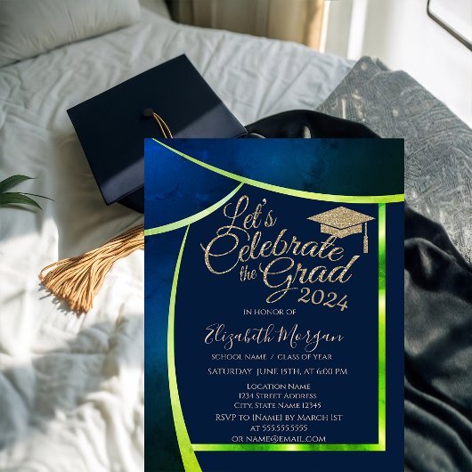 Glitzer Grad Cap Navy Blue Green Frame Abschluss Einladung