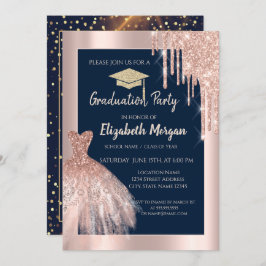 Glitzer Grad Cap, Rose Gold Tropfen, Dress Navy Bl Einladung