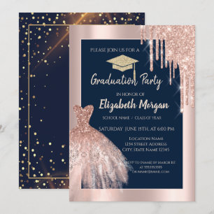 Glitzer Grad Cap, Rose Gold Tropfen, Dress Navy Bl Einladung