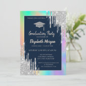 Glitzer Grad Cap, Silber-Tropfen, Rainbow-Holograf Einladung (Stehend Vorderseite)