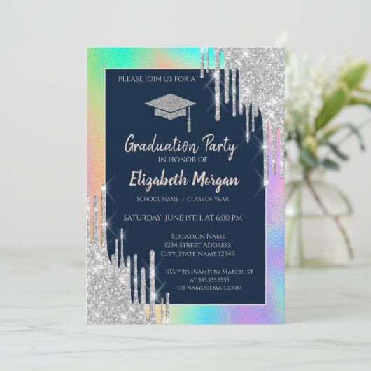 Glitzer Grad Cap, Silber-Tropfen, Rainbow-Holograf Einladung (Stehend Vorderseite)