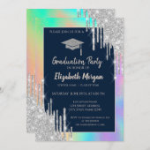 Glitzer Grad Cap, Silber-Tropfen, Rainbow-Holograf Einladung (Vorne/Hinten)
