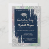 Glitzer Grad Cap, Silver Tropfens, Opal Holografic Einladung (Vorderseite)