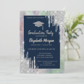 Glitzer Grad Cap, Silver Tropfens, Opal Holografic Einladung (Stehend Vorderseite)