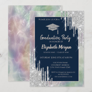 Glitzer Grad Cap, Silver Tropfens, Opal Holografic Einladung