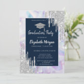 Glitzer Grad Cap, Silver Tropfens, Opal Holografic Einladung (Stehend Vorderseite)