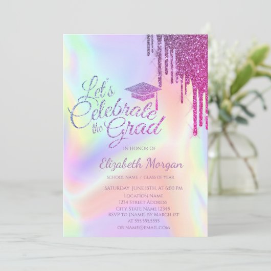 Glitzer Grad Cap, Tropfen Holografischer Abschluss Einladung (Stehend Vorderseite)