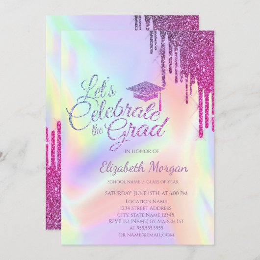 Glitzer Grad Cap, Tropfen Holografischer Abschluss Einladung (Vorne/Hinten)