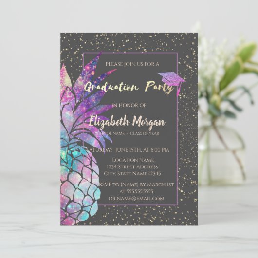 Glitzer Graduation Cap, Ananas, Confetti Einladung (Stehend Vorderseite)