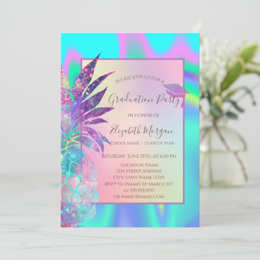 Glitzer Graduation Cap, Ananas, Holografie Einladung (Stehend Vorderseite)
