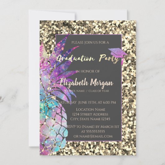 Glitzer Graduation Cap, Ananas, Sequenzen Einladung (Vorderseite)