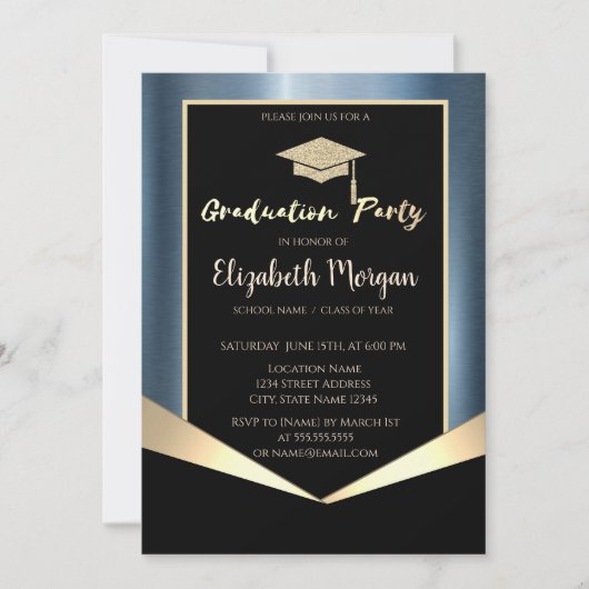Glitzer Graduation Cap, Blue Metallic Einladung (Vorderseite)