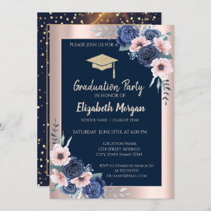 Glitzer Graduation Cap, Blue Rose, Navy Blue Einladung