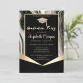 Glitzer Graduation Cap, Confetti Black Marble Einladung (Stehend Vorderseite)