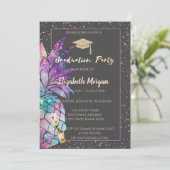 Glitzer Graduation Cap, Confetti, Wein, Ananas Einladung (Stehend Vorderseite)