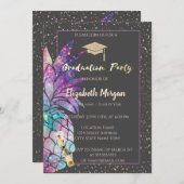 Glitzer Graduation Cap, Confetti, Wein, Ananas Einladung (Vorne/Hinten)