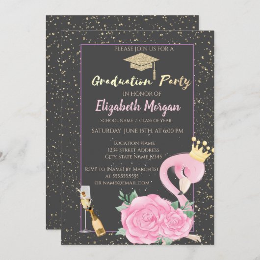 Glitzer Graduation Cap, Confetti, Wein, Rosa Flami Einladung (Vorne/Hinten)
