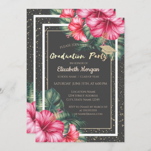 Glitzer Graduation Cap, Hibiskus, Confetti Grad Einladung (Vorne/Hinten)