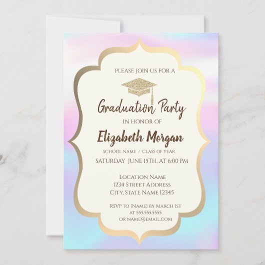 Glitzer Graduation Cap Holographic Abschluss Part Einladung (Vorderseite)