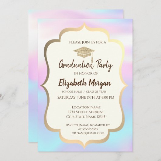 Glitzer Graduation Cap Holographic Abschluss Part Einladung (Vorne/Hinten)