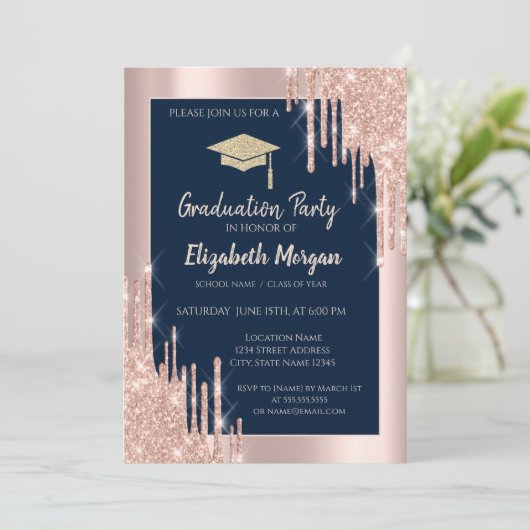 Glitzer Graduation Cap,Rose Gold Tropfen,Navy Blue Einladung (Stehend Vorderseite)