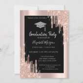 Glitzer Graduation Cap, Rose Gold Tropfen, Schwarz Einladung (Vorderseite)