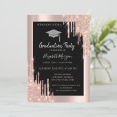 Glitzer Graduation Cap, Rose Gold Tropfen, Schwarz Einladung (Stehend Vorderseite)