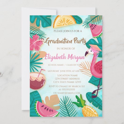 Glitzer Graduation Cap, tropischer Abschluss Einladung (Vorderseite)