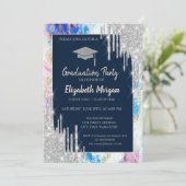 Glitzer Graduierungskappe, Silber-Tropfen, Opal, N Einladung (Stehend Vorderseite)