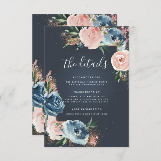 Glitzer Grau, Navy Blue und Blush Boho Begleitkarte (Vorne/Hinten)