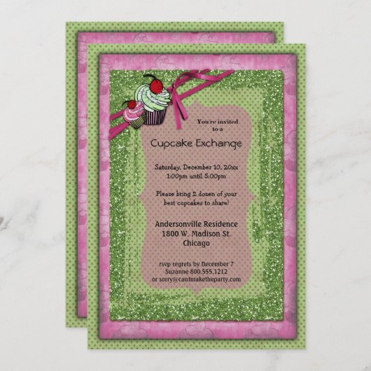 Glitzer Green and Pink Cupcake Exchange Einladung (Vorne/Hinten)