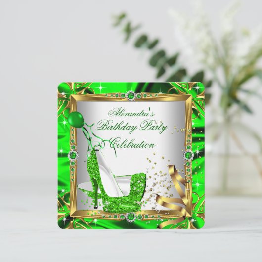 Glitzer High Heel Schuft Zitronengrün Gold Seide Einladung (Stehend Vorderseite)