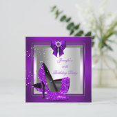Glitzer High Heel Shoe Silver Lila Geburtstag Einladung (Stehend Vorderseite)