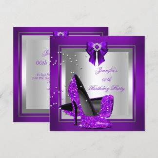 Glitzer High Heel Shoe Silver Lila Geburtstag Einladung