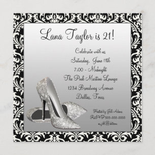 Glitzer High Heels Black Damask Geburtstagsparty Einladung